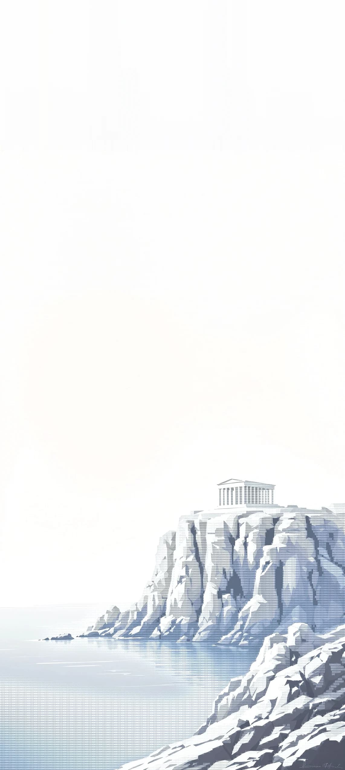 A Greek temple standing on a cliff above a calm sea, the rock rendered in binary characters.